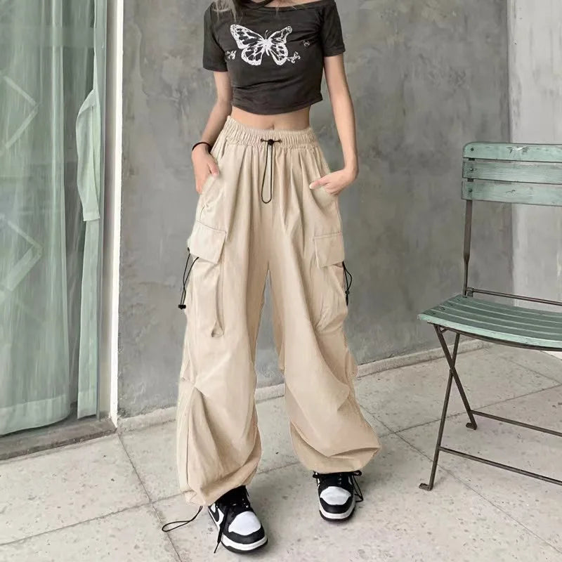 Women’s High-Waisted Wide-Leg Work Pants – Hip-Hop Streetwear with Utility Pockets