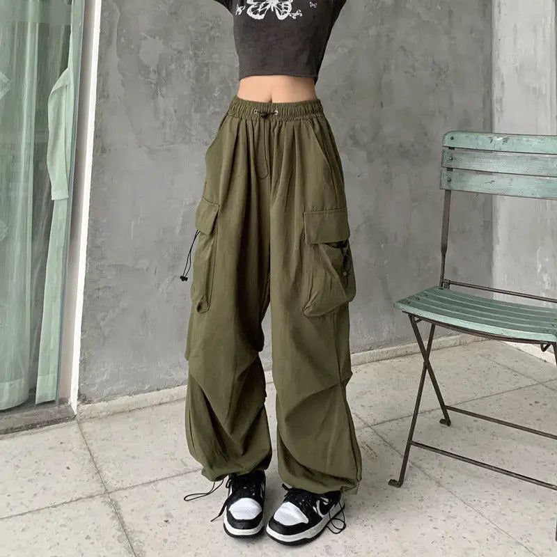 Women’s High-Waisted Wide-Leg Work Pants – Hip-Hop Streetwear with Utility Pockets