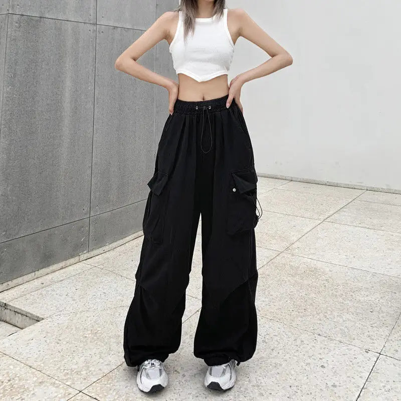 Women’s High-Waisted Wide-Leg Work Pants – Hip-Hop Streetwear with Utility Pockets