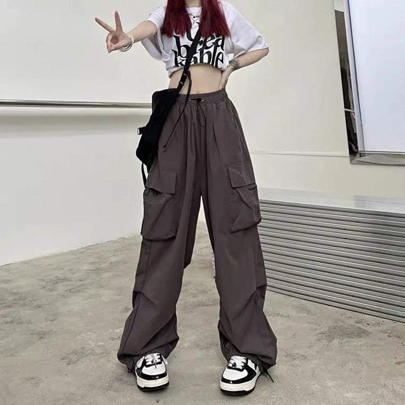 Women’s High-Waisted Wide-Leg Work Pants – Hip-Hop Streetwear with Utility Pockets